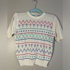 Vintage Suburban Petites Cottage Core Floral Short Sleeve Sweater Top, Size PM